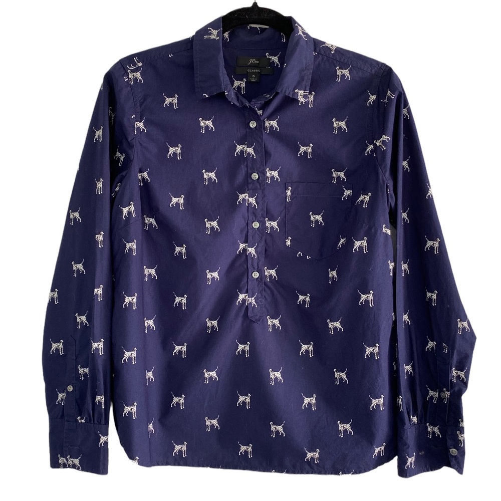 J. CREW Women’s Classic Popover Navy Blue, White Dalmatian Print Shirt  Size: 6